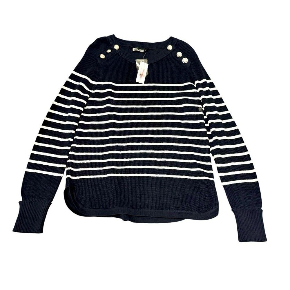 New York And Company 7th Ave Boat Neck Blue White Striped Sweater Sz L Nautical